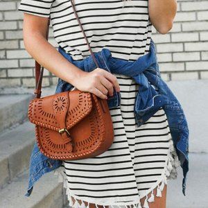 Crew Neck Striped T-shirt Mini Dress with Tassel